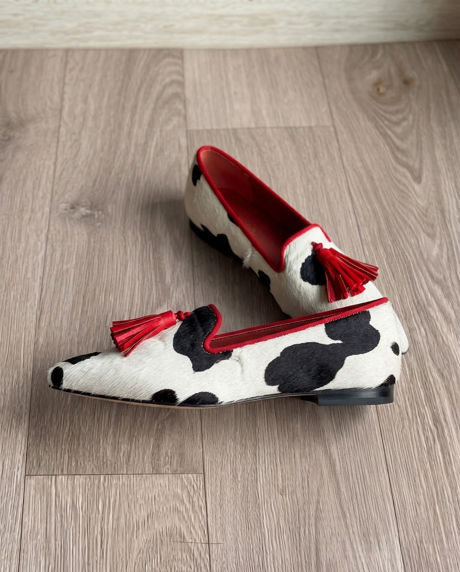 Ginevra Loafers — Cow Print, Red Tassels