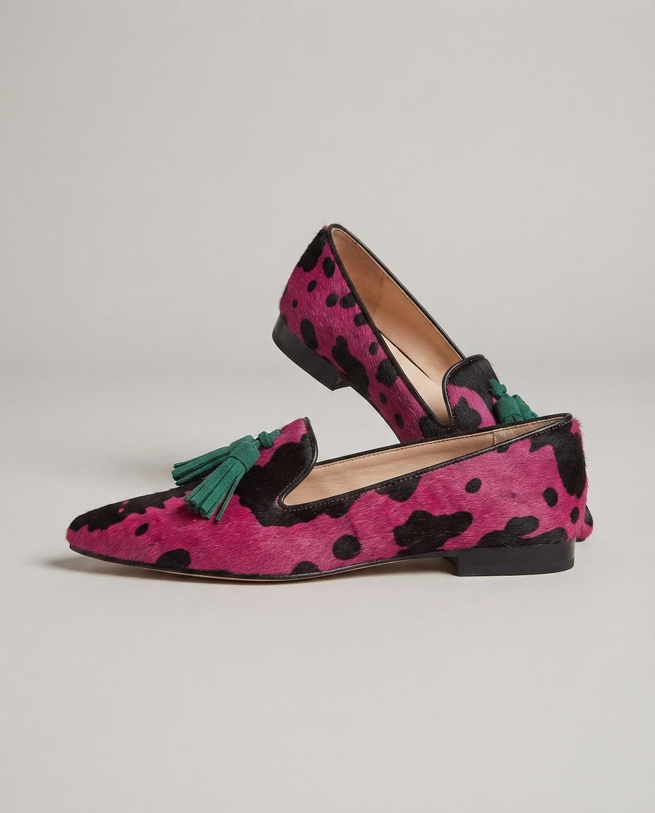 Ginevra Loafers — Fuchsia Cow Print, Green Tassels
