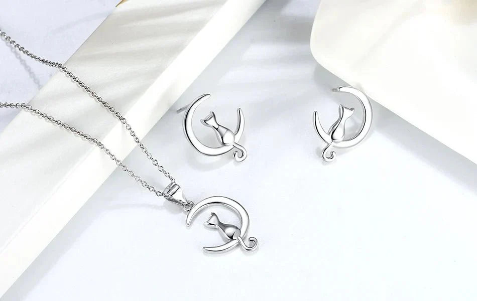 Moon & Cat Sterling Silver Stud Cat Earrings