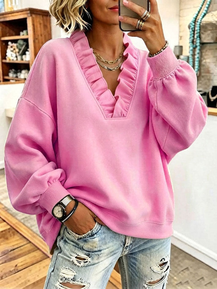 Ava | Oversized Vibrant Pink Ruffled Sweatshirt