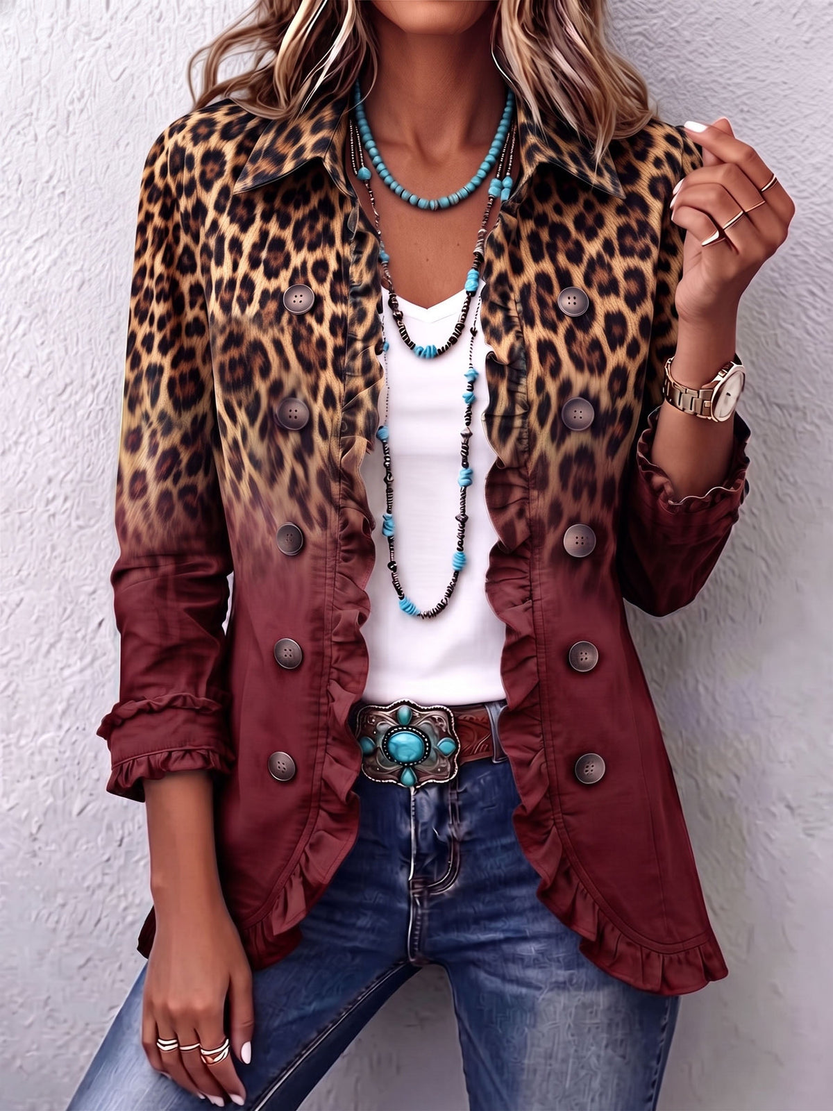 Chloe™ | Bold Boho Leopard & Teal Ruffle Blazer Jacket