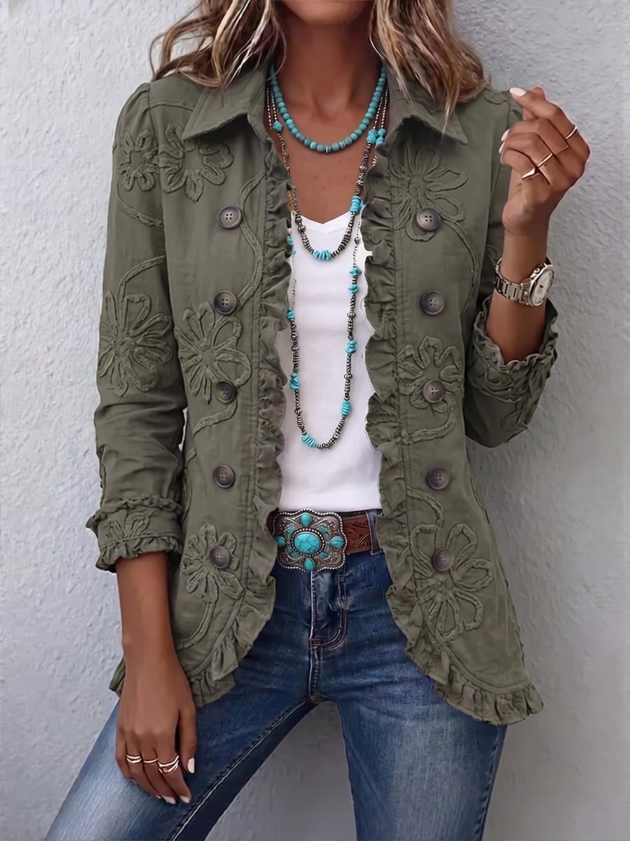 Ruby™ | Boho-chic Floral Embroidered Utility Ruffled Trim Jacket