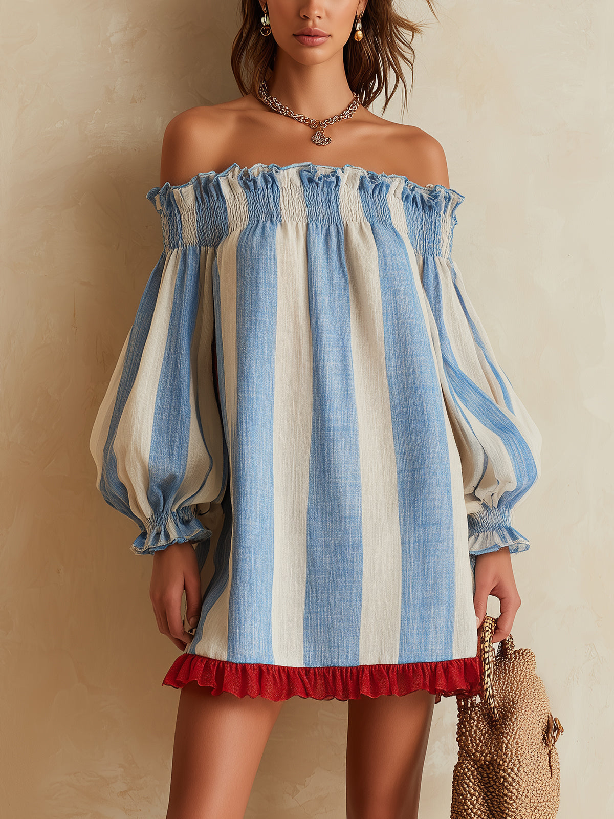 Blue and white striped mini dress with off-the-shoulder neckline and contrasting hem