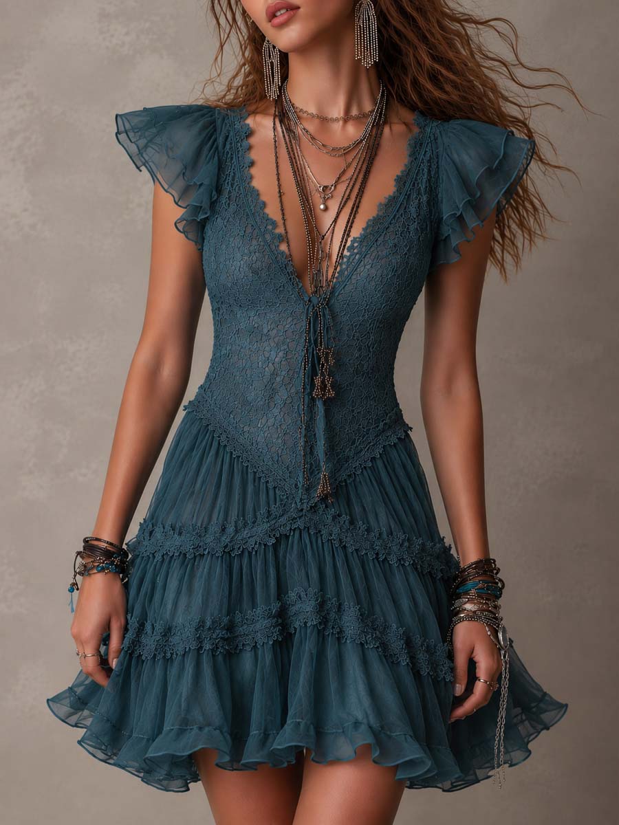 Mini Ruffle Dress in Retro Blue Lace and Chiffon