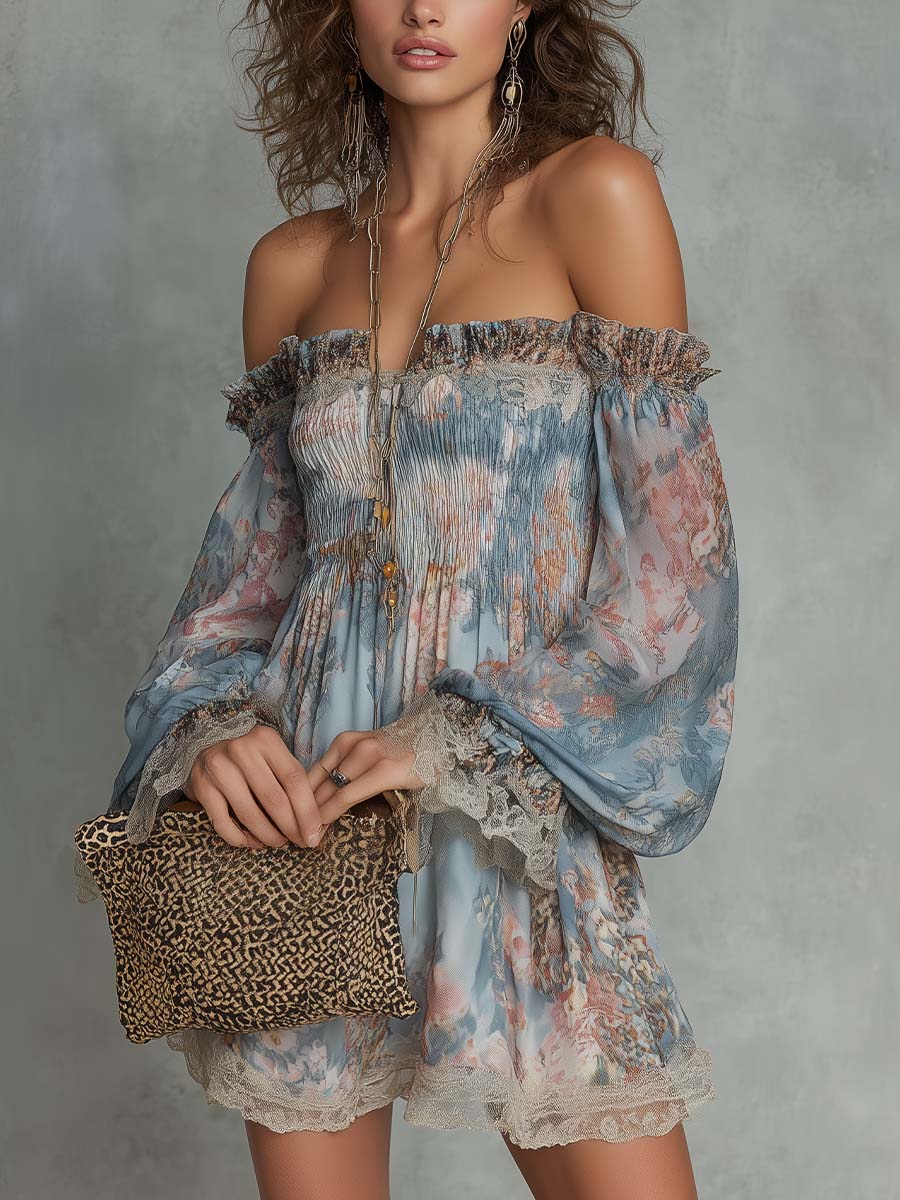 Mini Chiffon Ruffled Dress with Off-Shoulder and Romantic Flowers