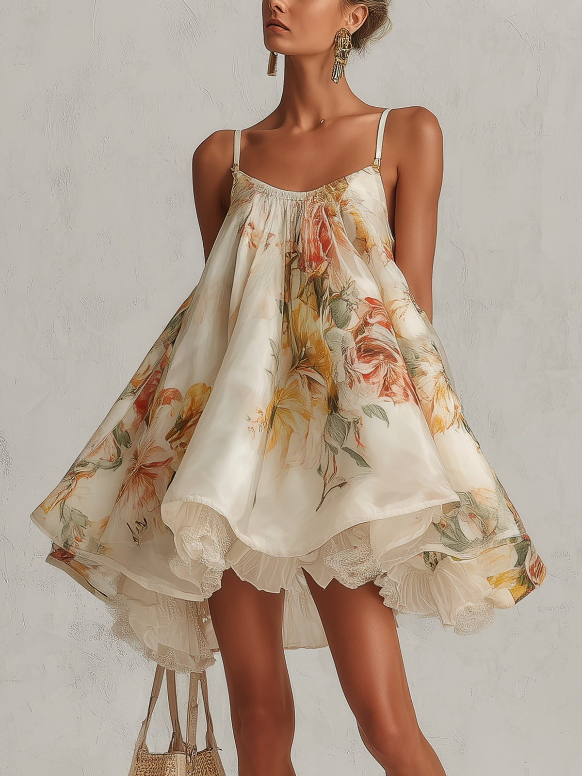 Beige Floral Organza Mini A-Line Dress with Lace Trim