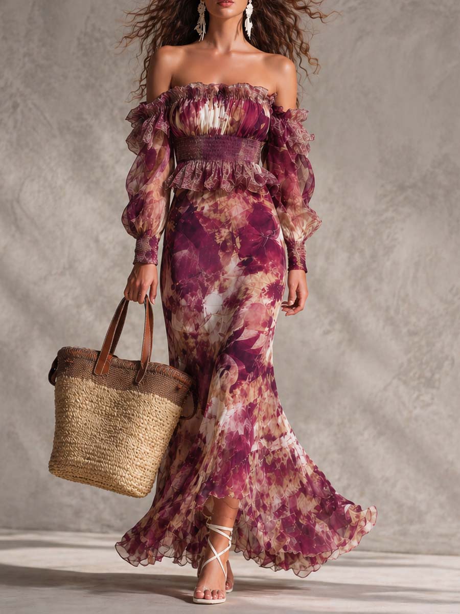 Maxi Dress in Blush Pink Chiffon with Flowers Off-Shoulder