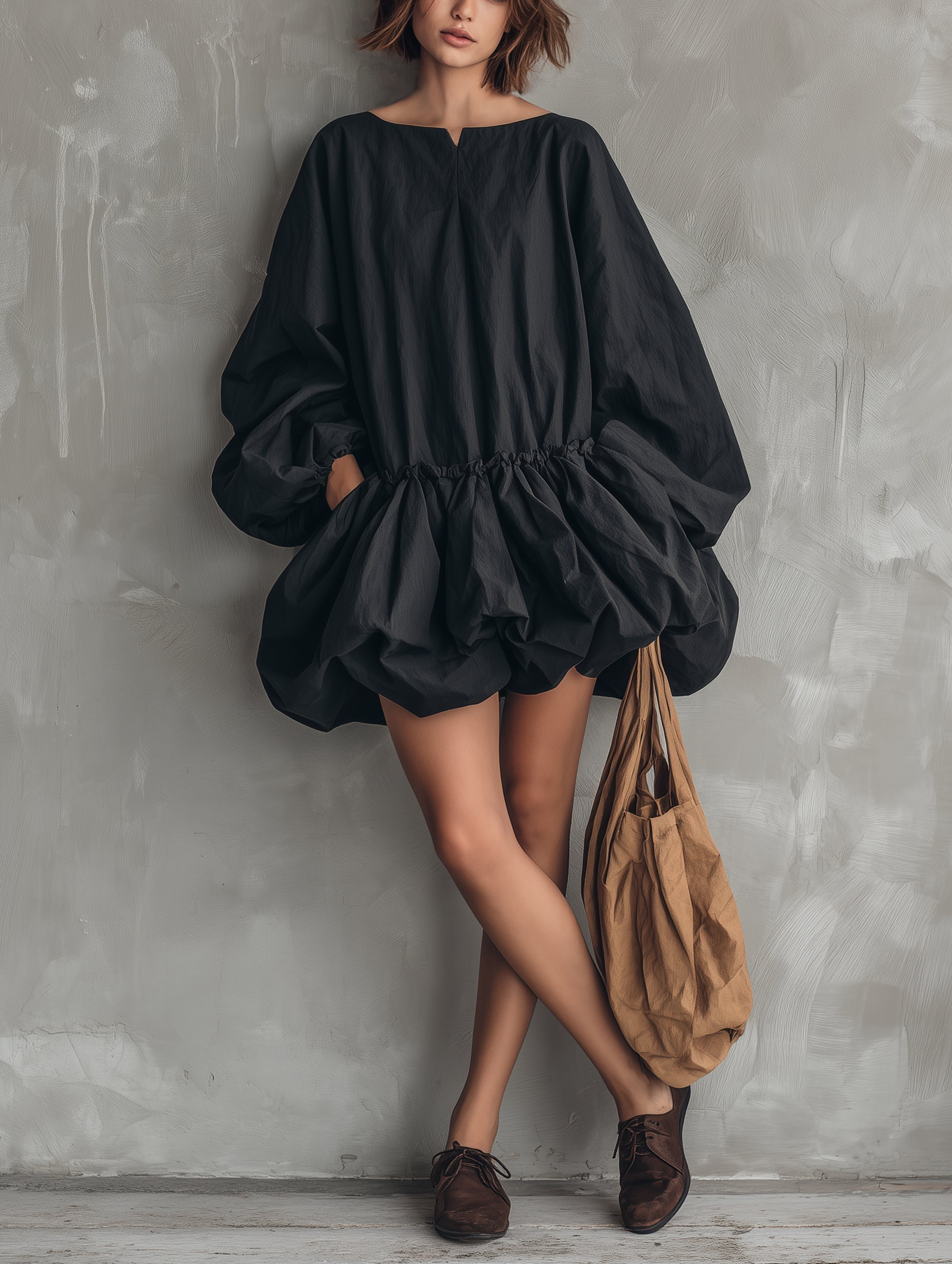 Long Sleeve Mini Dress with Round Neck and Ruffled Hem