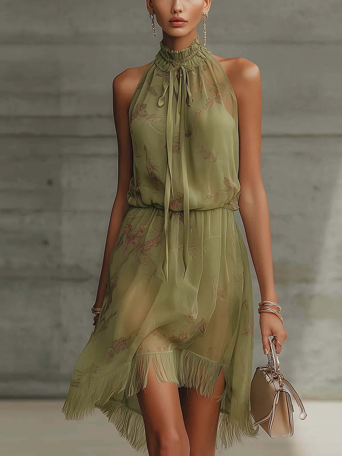Mini Chiffon Dress with Green Ribbon Waist