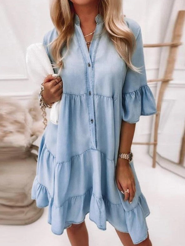Solid Color Washed Denim Midi Dress with Short Sleeves