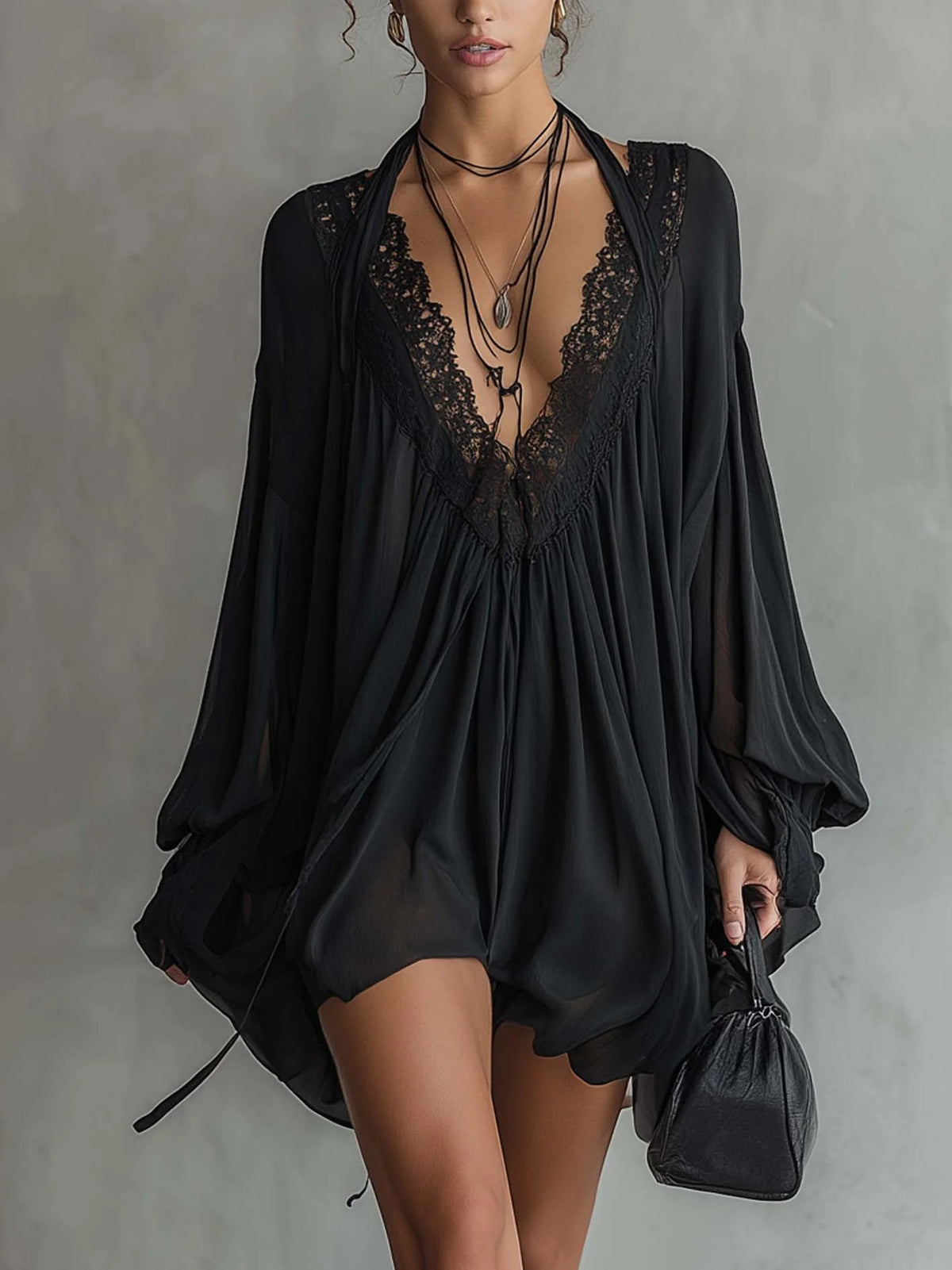 Black Chiffon Mini Halter Dress with Lace Neckline