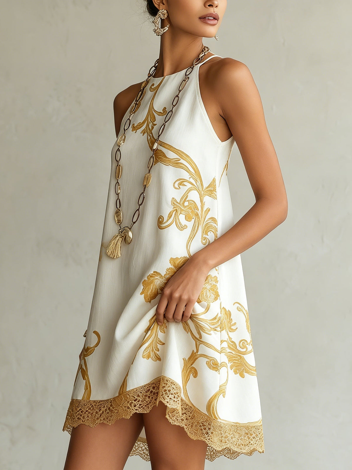 Mini Dress in White Gold Printed Lace