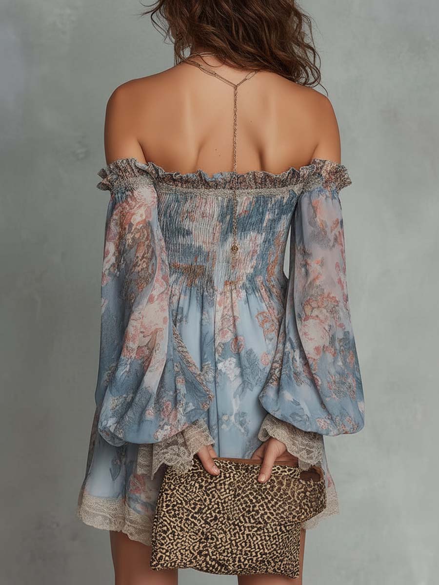 Mini Chiffon Ruffled Dress with Off-Shoulder and Romantic Flowers