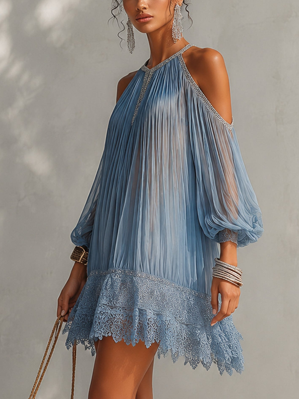 Blue Off-Shoulder Ruffled Mini Dress with Lace Hem