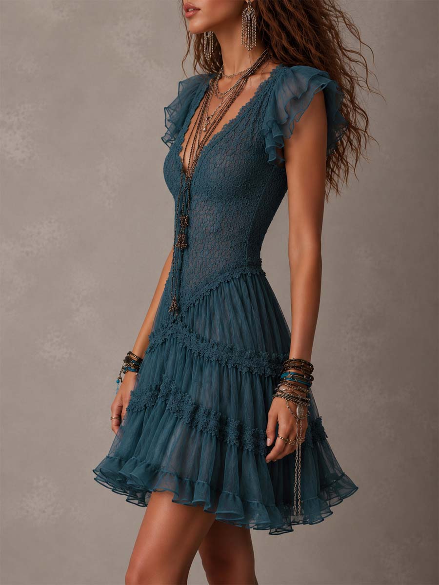 Mini Ruffle Dress in Retro Blue Lace and Chiffon