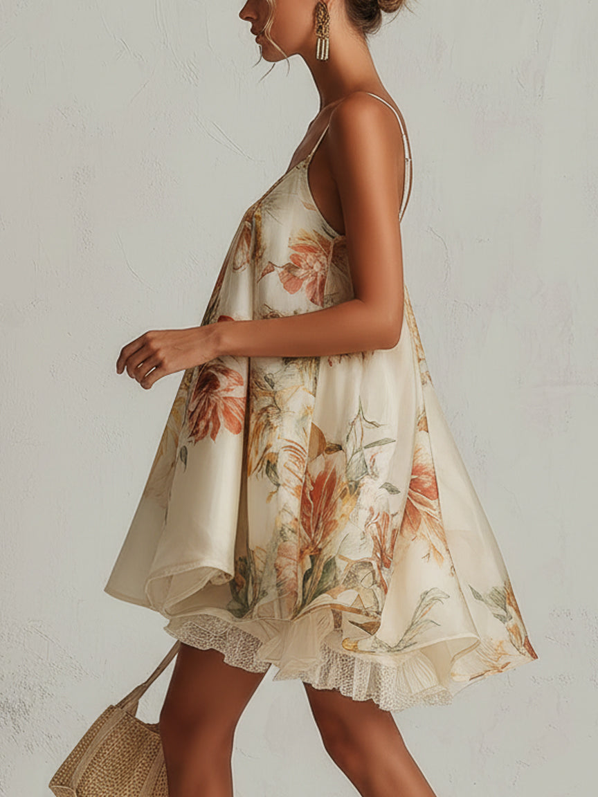 Beige Floral Organza Mini A-Line Dress with Lace Trim