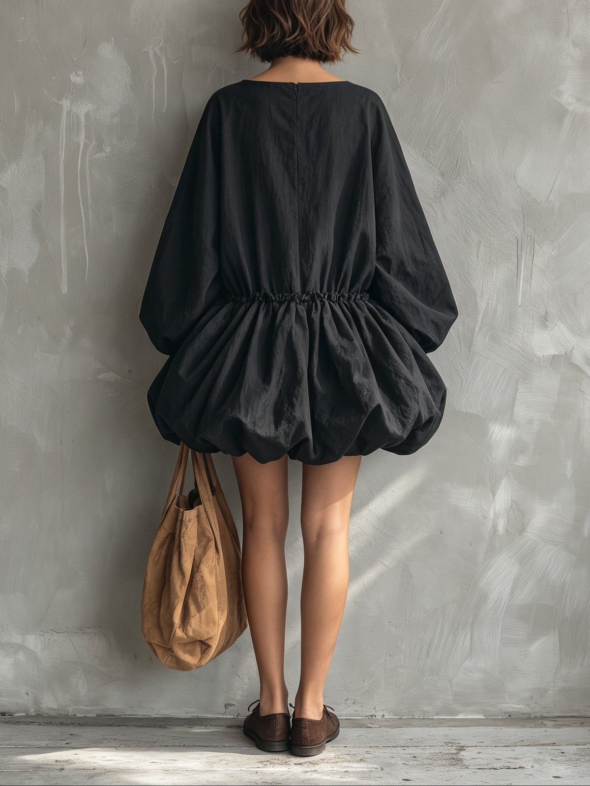 Long Sleeve Mini Dress with Round Neck and Ruffled Hem