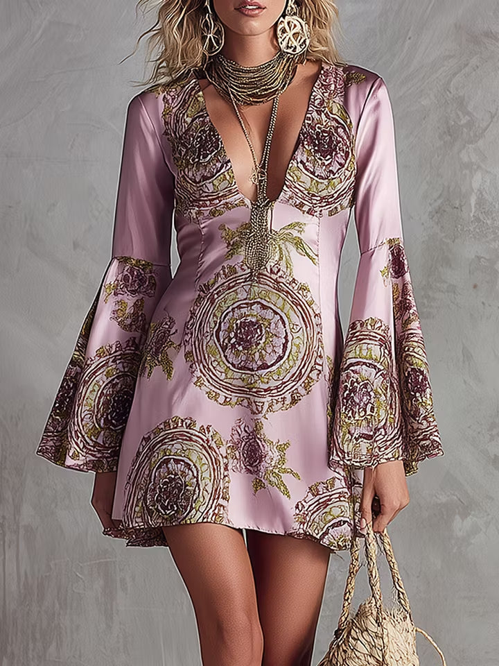 Mini Satin Dress with Pink and Purple Totem Print