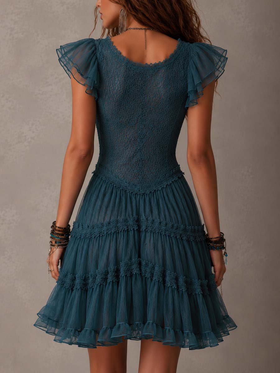 Mini Ruffle Dress in Retro Blue Lace and Chiffon