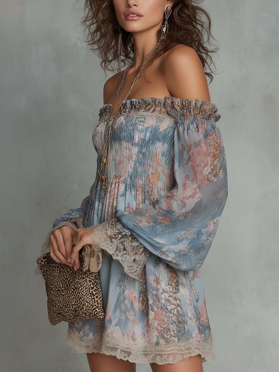 Mini Chiffon Ruffled Dress with Off-Shoulder and Romantic Flowers