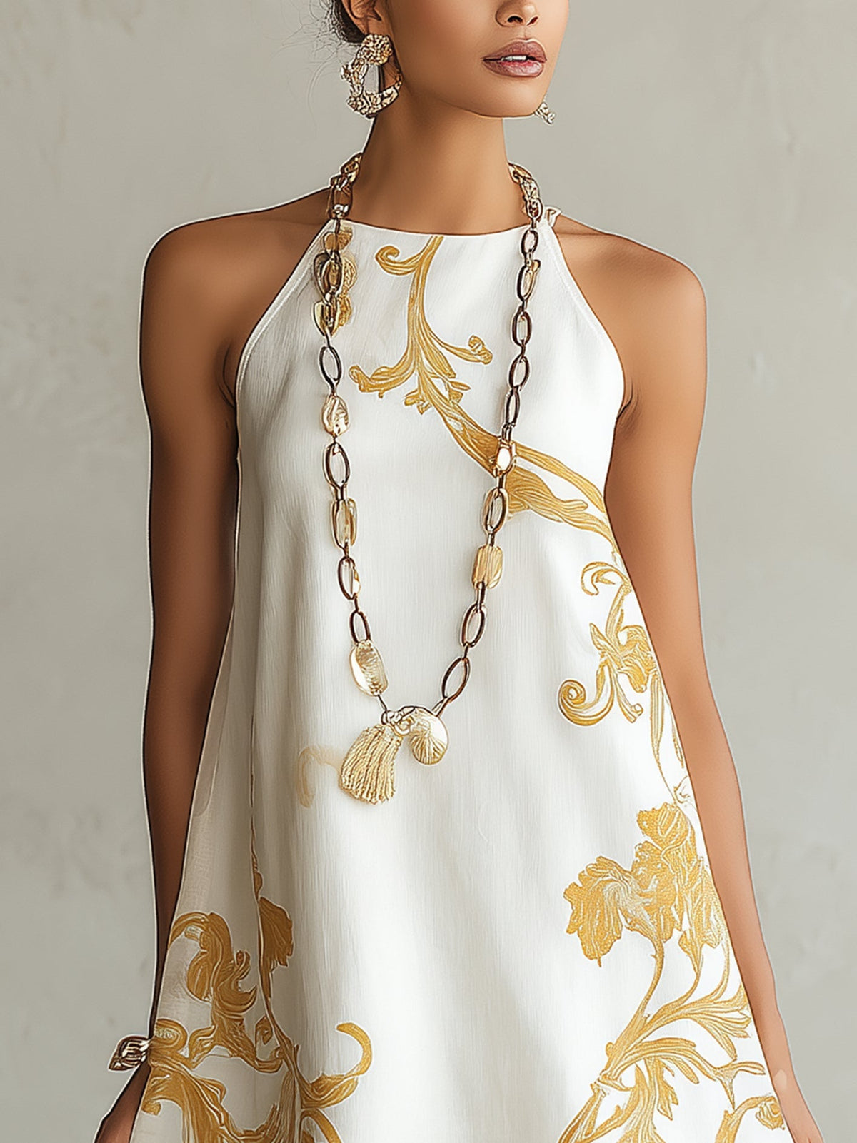 Mini Dress in White Gold Printed Lace