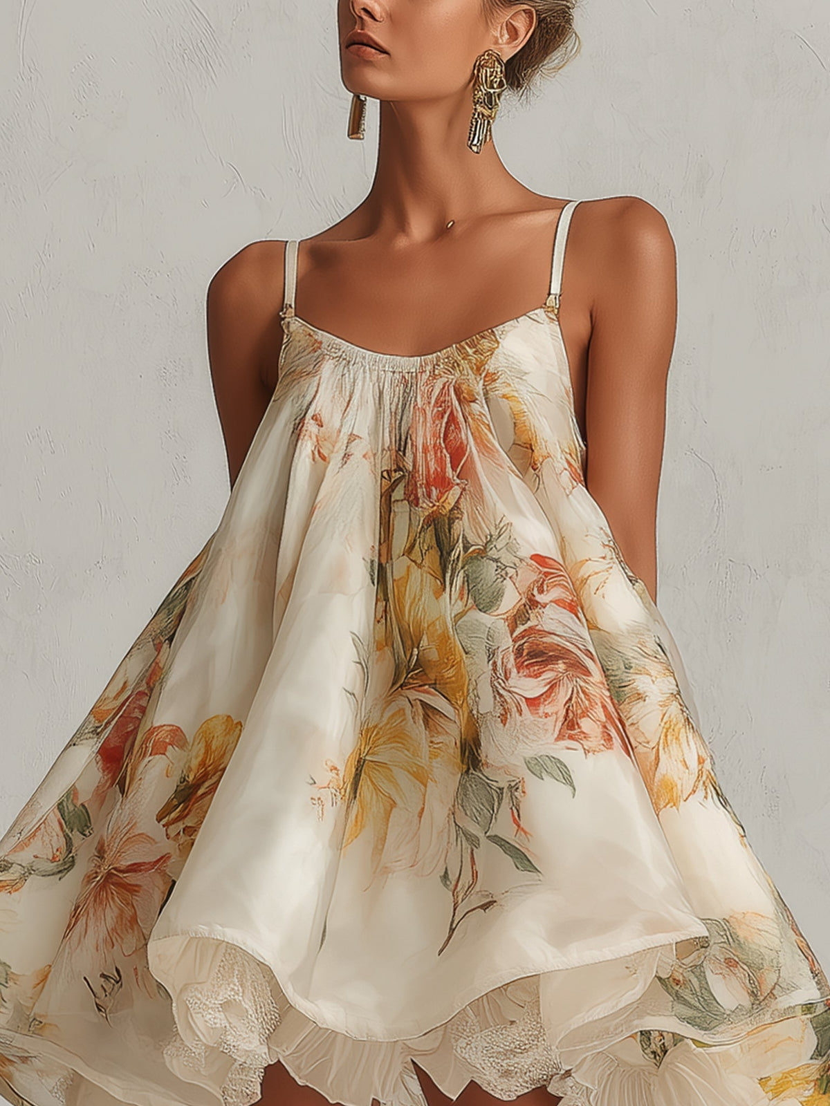 Beige Floral Organza Mini A-Line Dress with Lace Trim