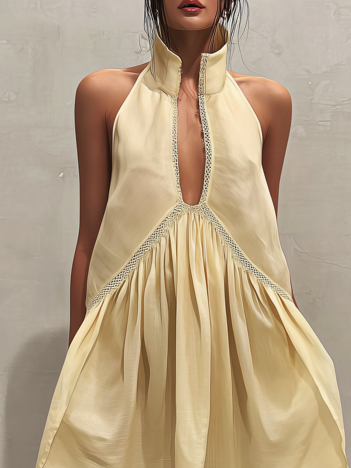 Yellow Sleeveless Mini Dress with Deep V-Neck and Lace Details