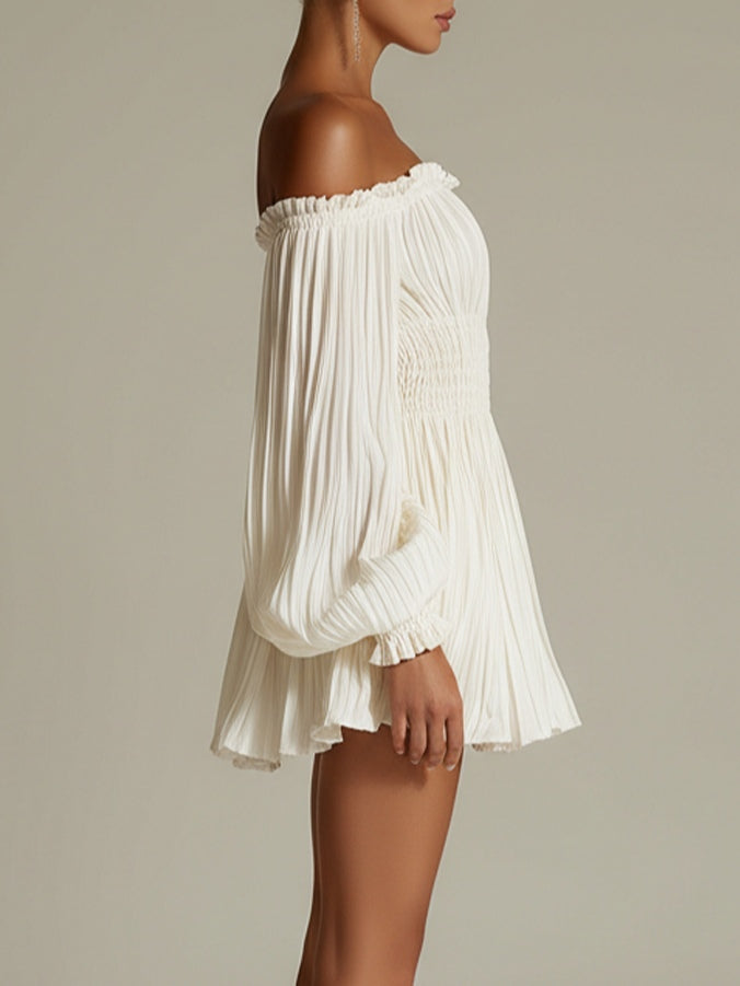 Ruffled mini dress with off-shoulder and smocked waist in white