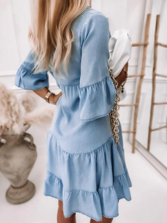 Solid Color Washed Denim Midi Dress with Short Sleeves