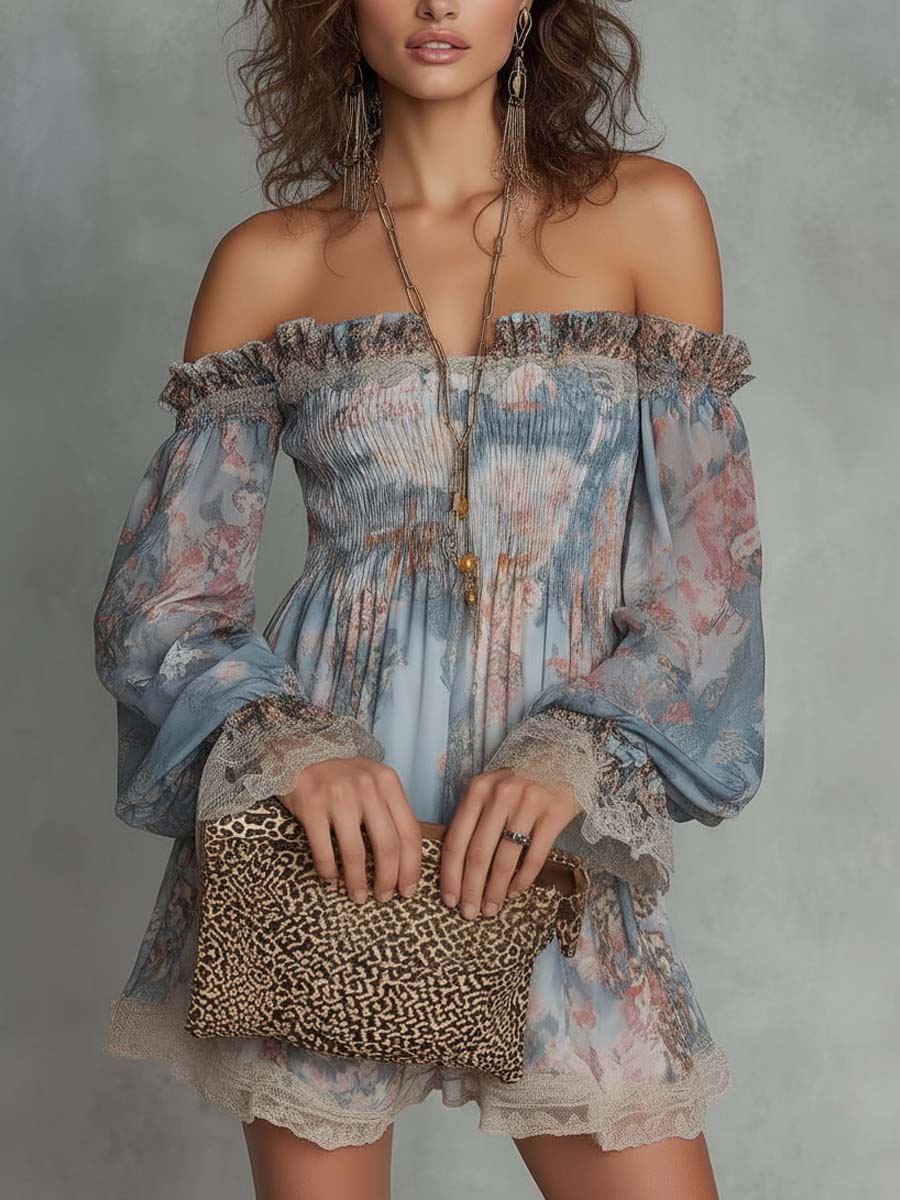 Mini Ruffled Chiffon Dress with Off-Shoulder and Romantic Flowers