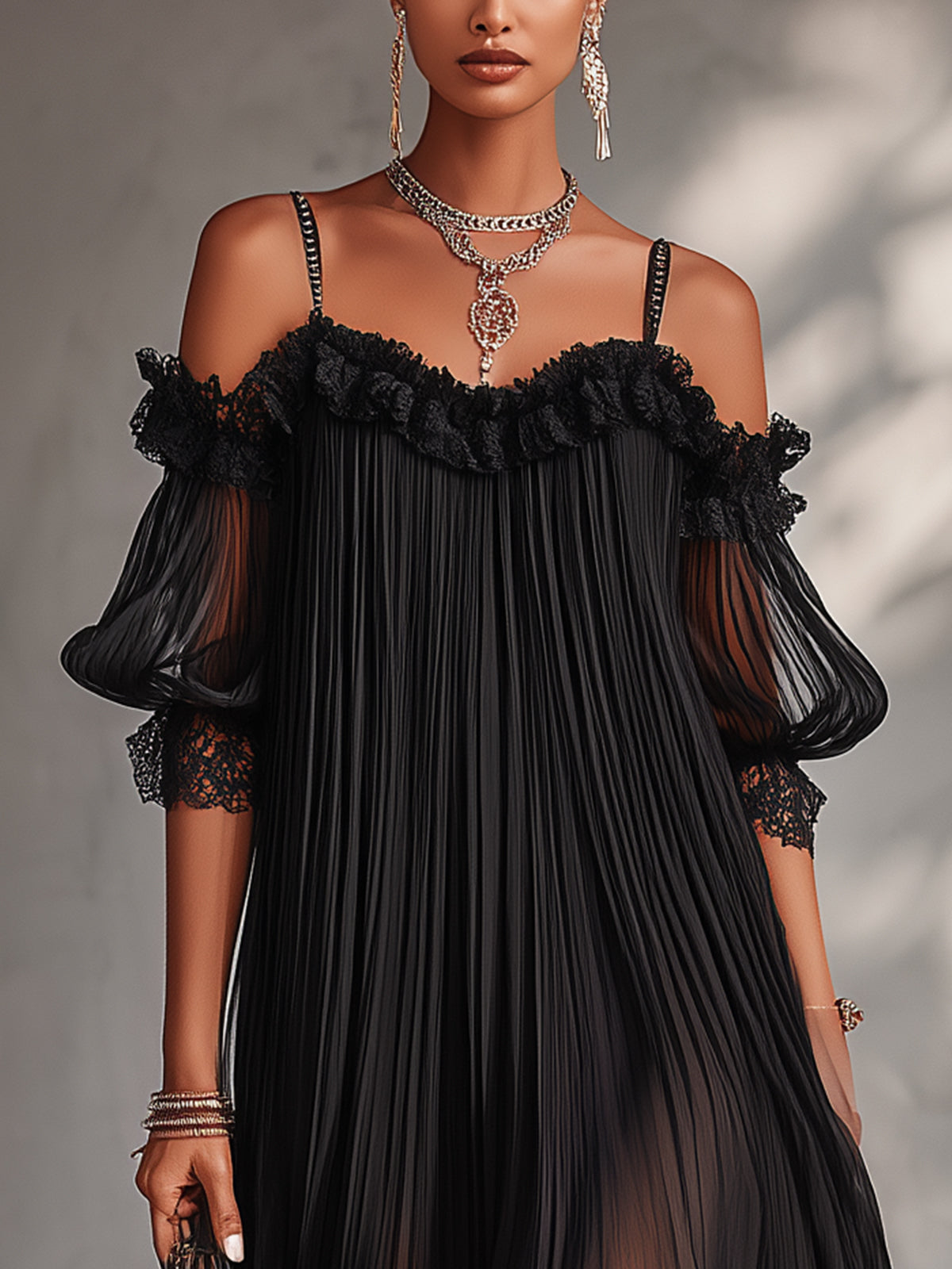 Black Chiffon Mini Dress with Off-the-Shoulder Design and Lace Trim