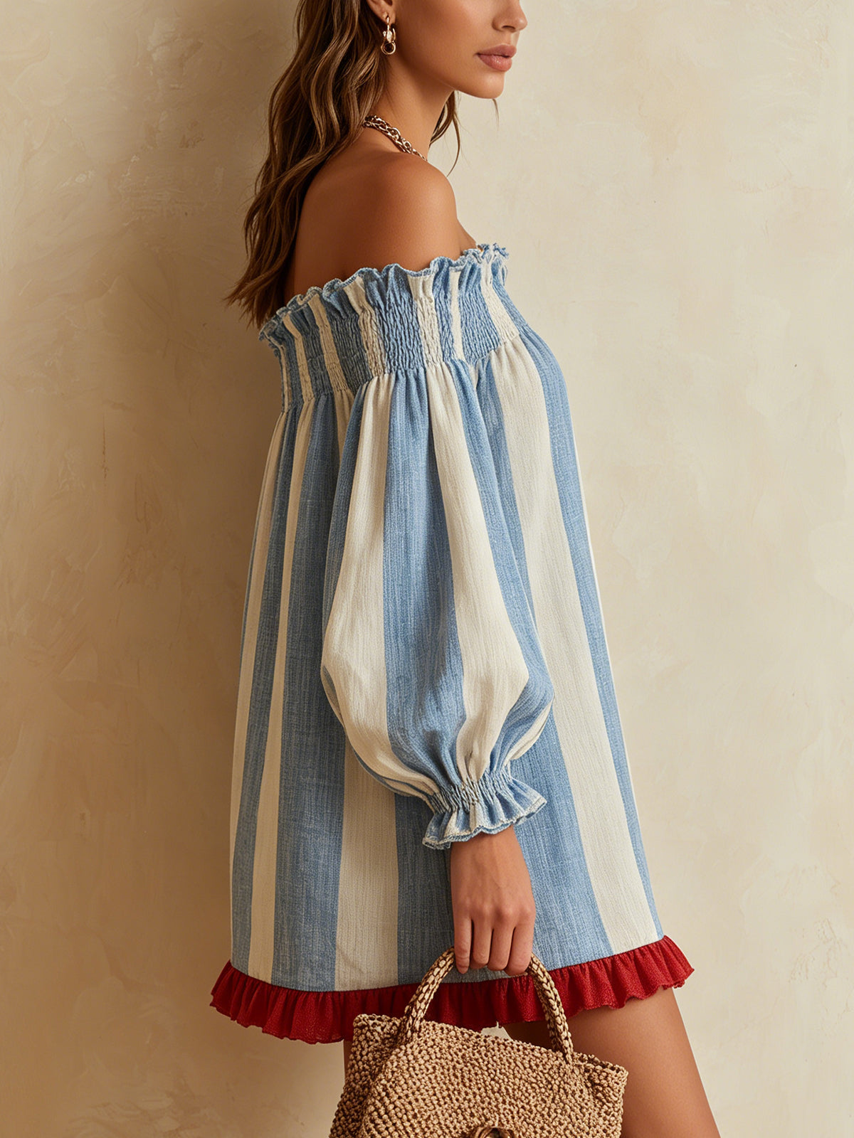 Blue and white striped mini dress with off-the-shoulder neckline and contrasting hem