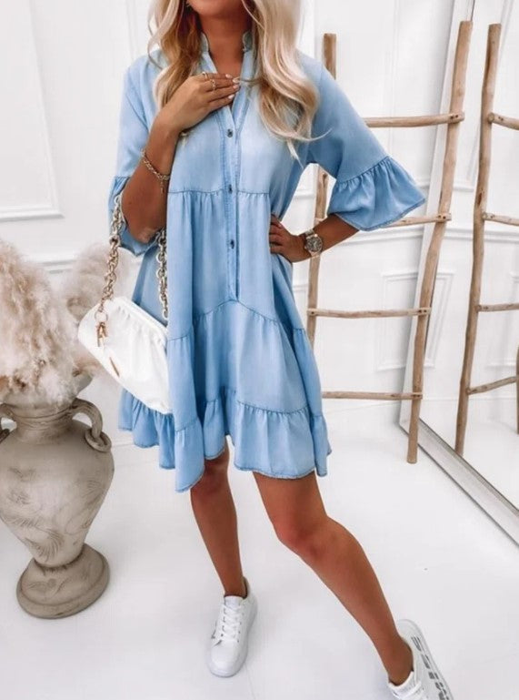 Solid Color Washed Denim Midi Dress with Short Sleeves
