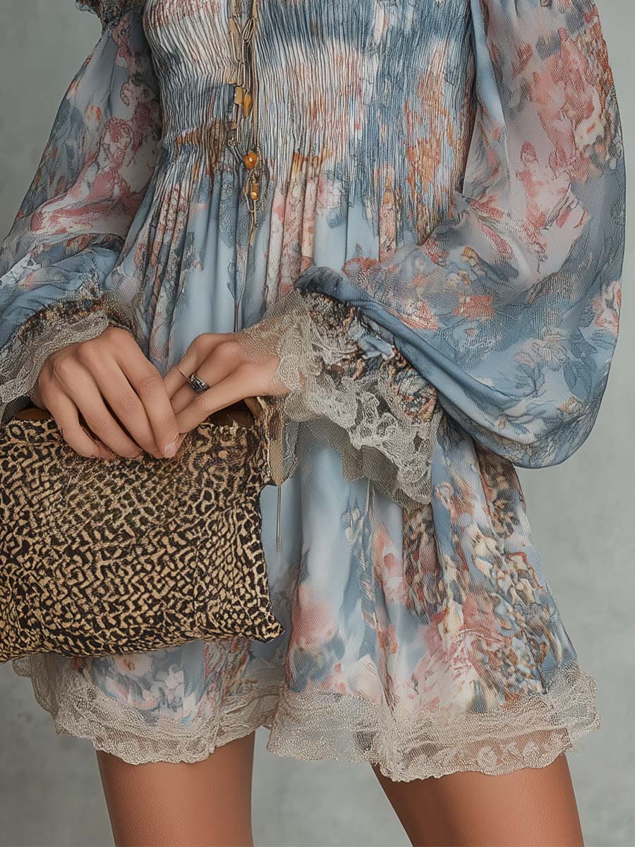 Mini Ruffled Chiffon Dress with Off-Shoulder and Romantic Flowers