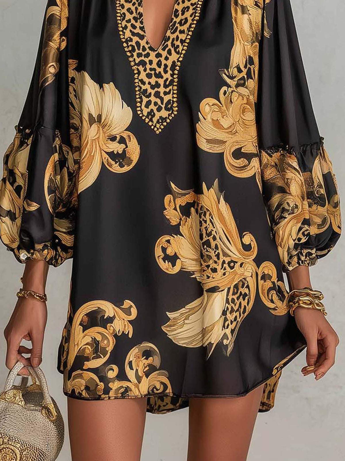 Mini V-Neck Baroque Retro Black Dress