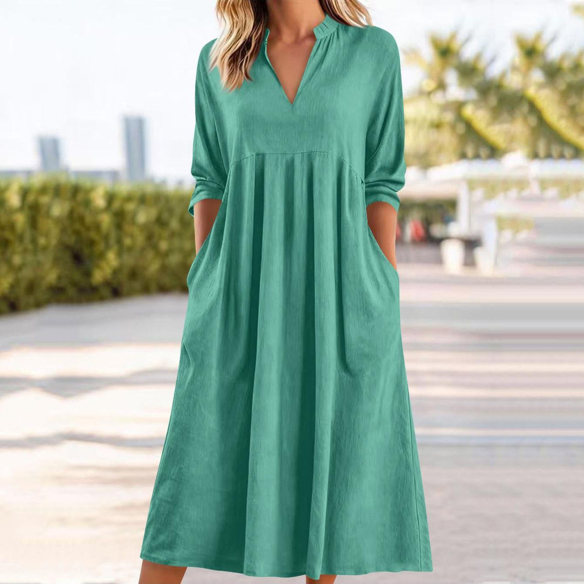Amber | Elegant Linen Midi Dress with Pockets