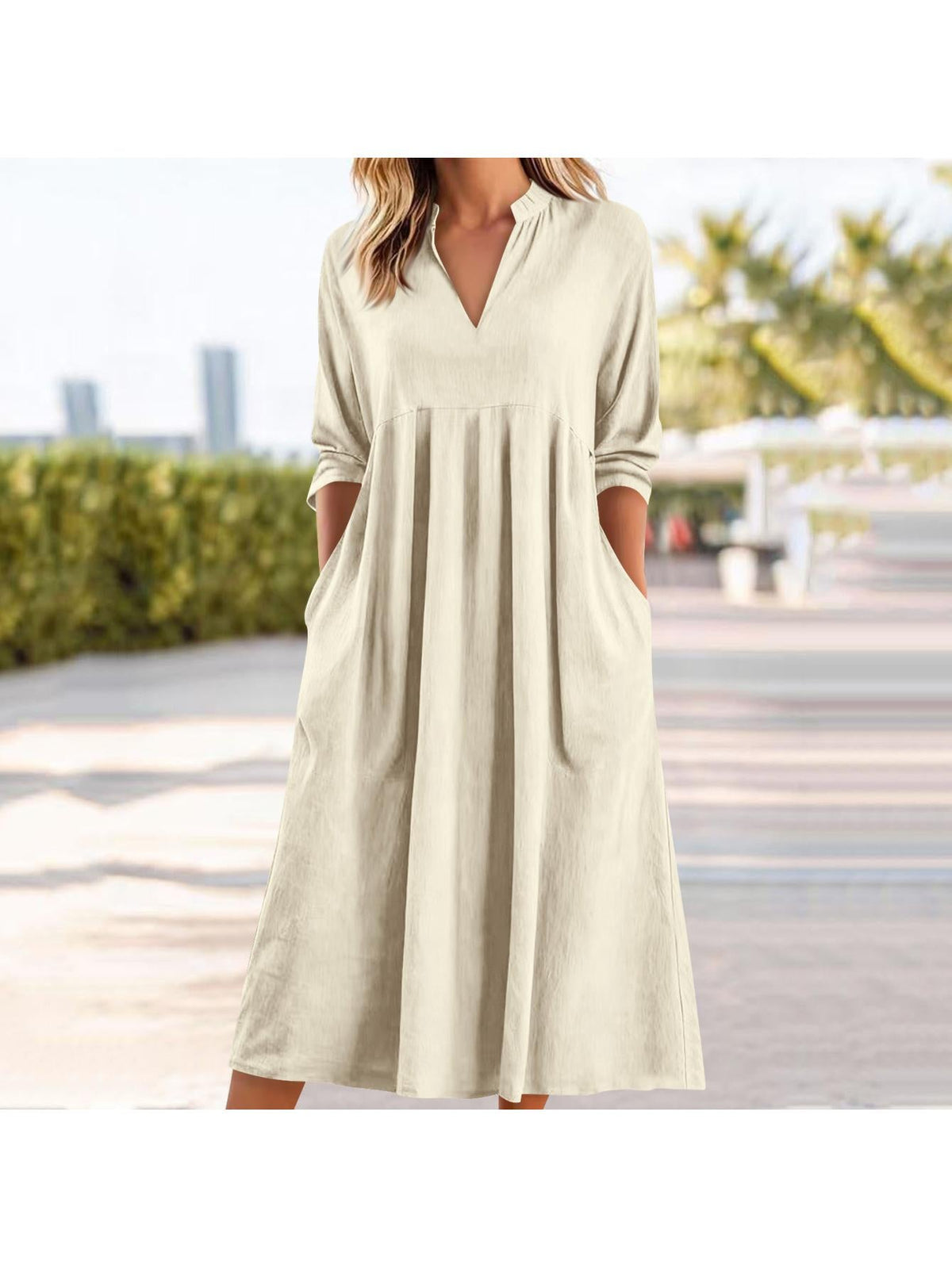 Amber | Elegant Linen Midi Dress with Pockets