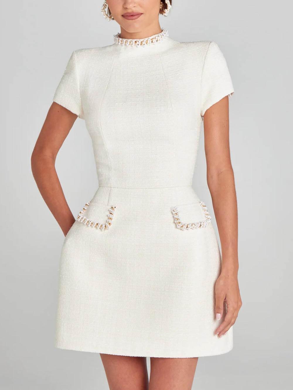 Mini Dress with Pockets and Pearl Trim, Elegant and Playful