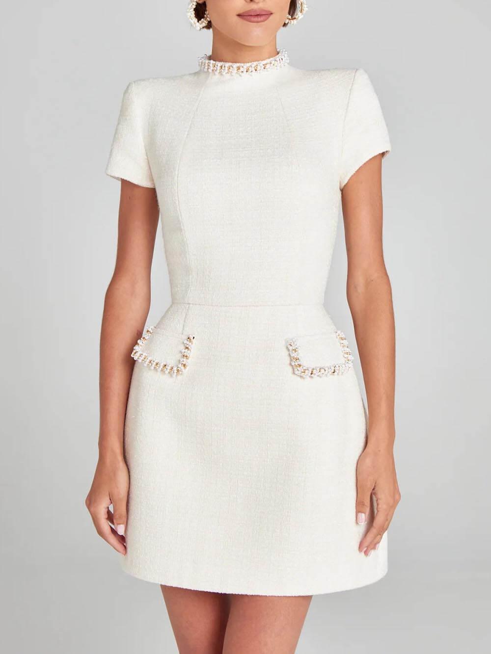 Mini Dress with Pockets and Pearl Trim, Elegant and Playful