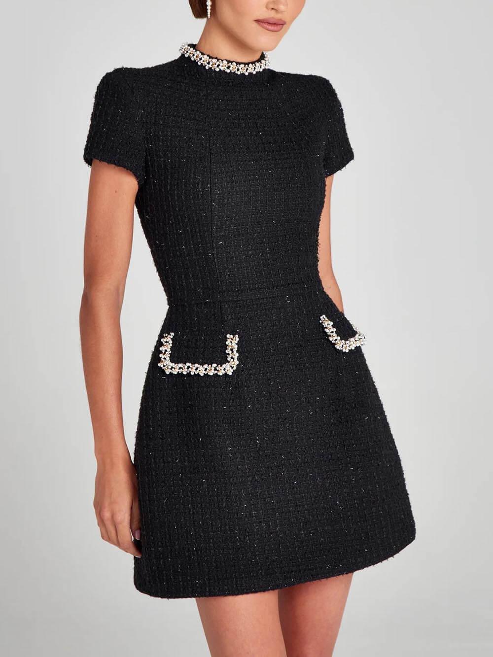 Mini Dress with Pockets and Pearl Trim, Elegant and Playful