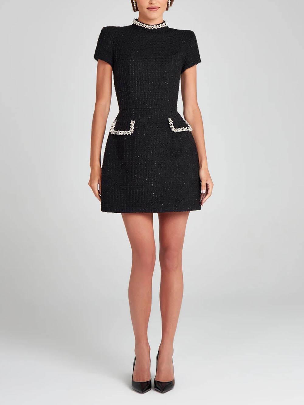 Mini Dress with Pockets and Pearl Trim, Elegant and Playful