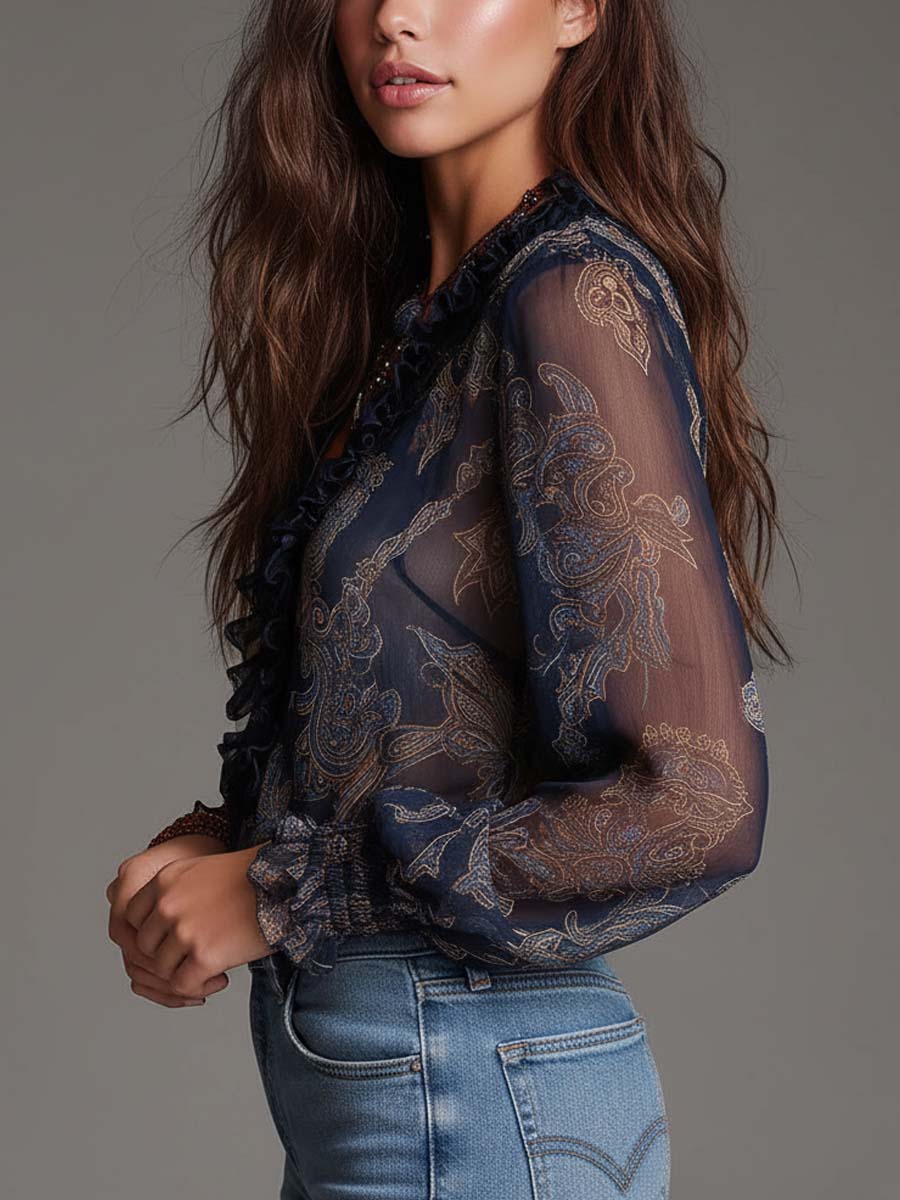 Elise | Navy Baroque Paisley Ruffle Zip Chiffon Blouse