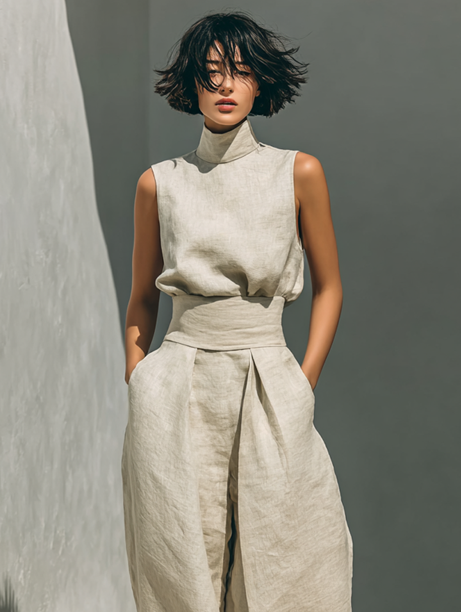 Set consisting of a sleeveless blouse and wide-leg pants made of a cotton-linen blend.