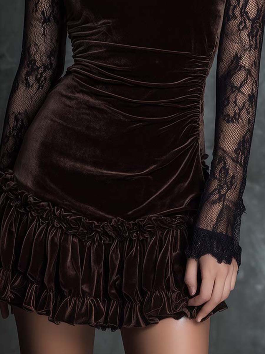 Chocolate Goth Pleated Mini Dress in Velvety Lace