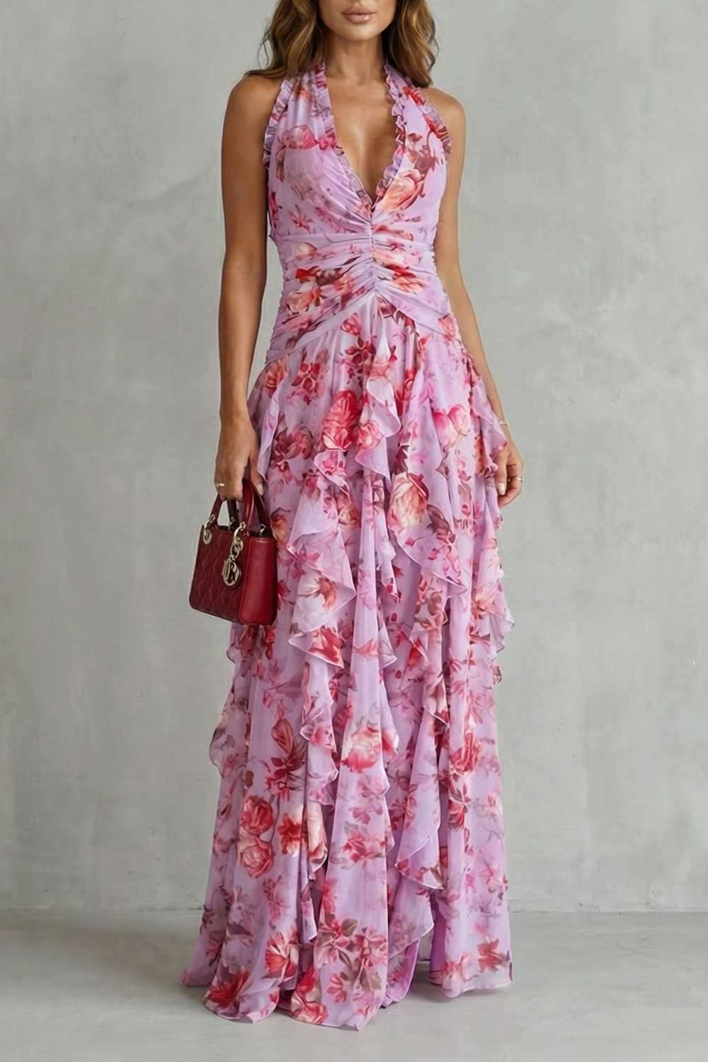 Seraphina | Romantic Cascading Rose Long Dress with American Neckline