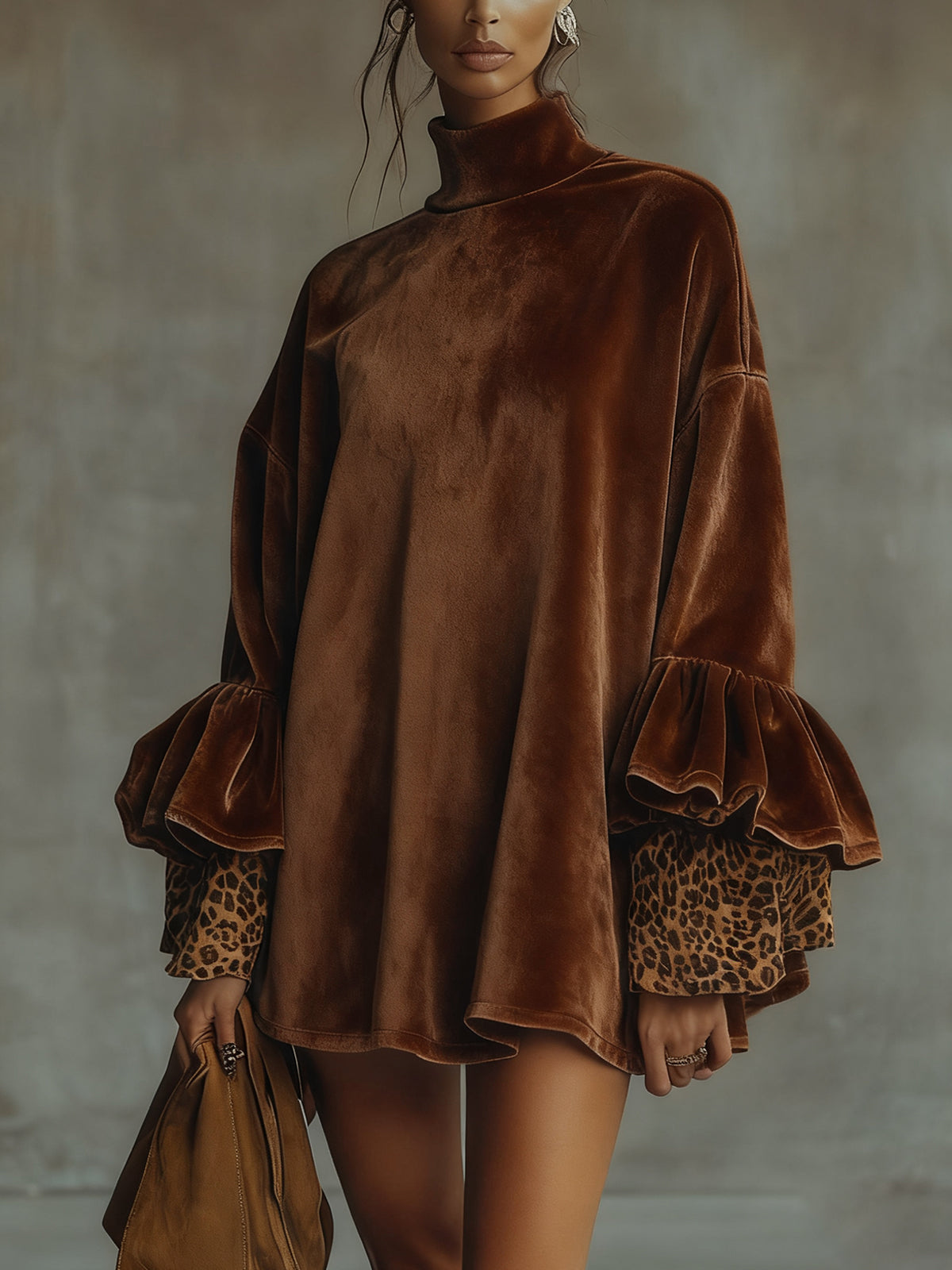 Leopard Print Velvet Mini Dress with Ruffled Sleeves