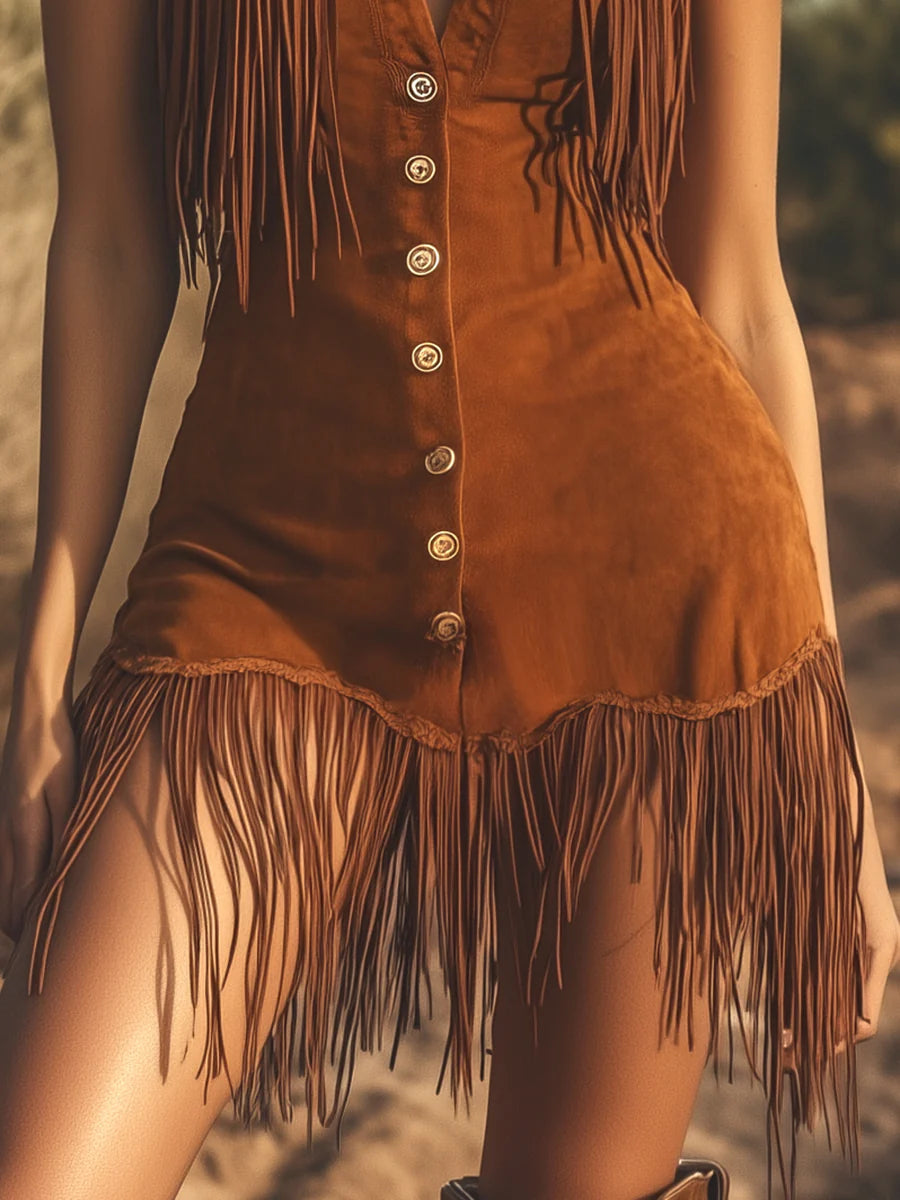 Western Brown Suede Sleeveless Mini Dress with Fringe