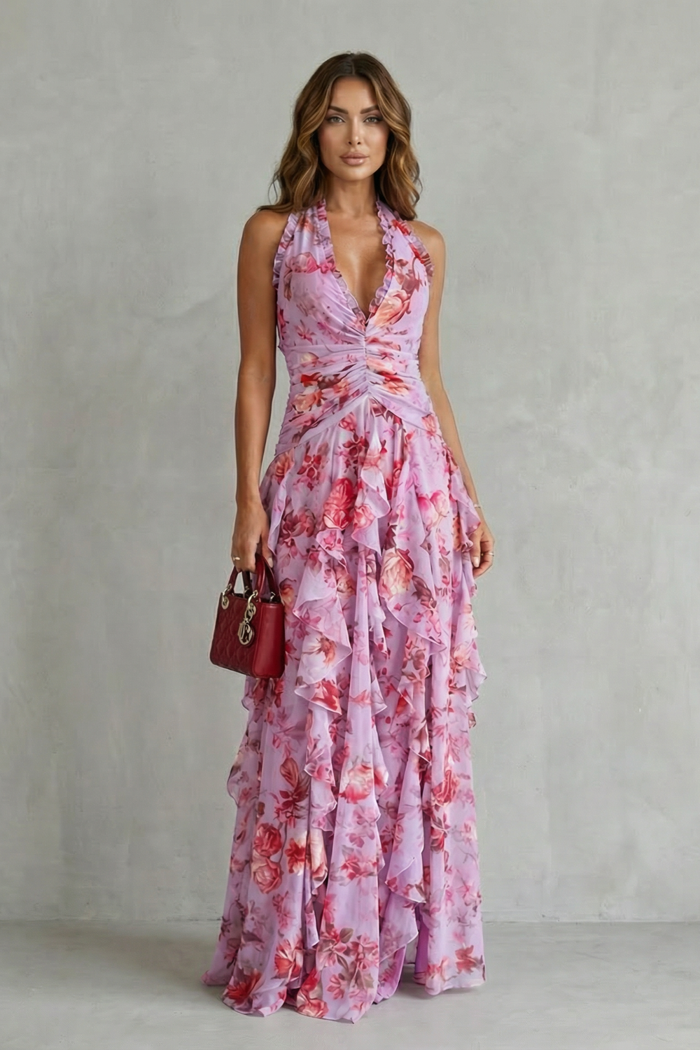 Seraphina | Romantic Cascading Rose Long Dress with American Neckline