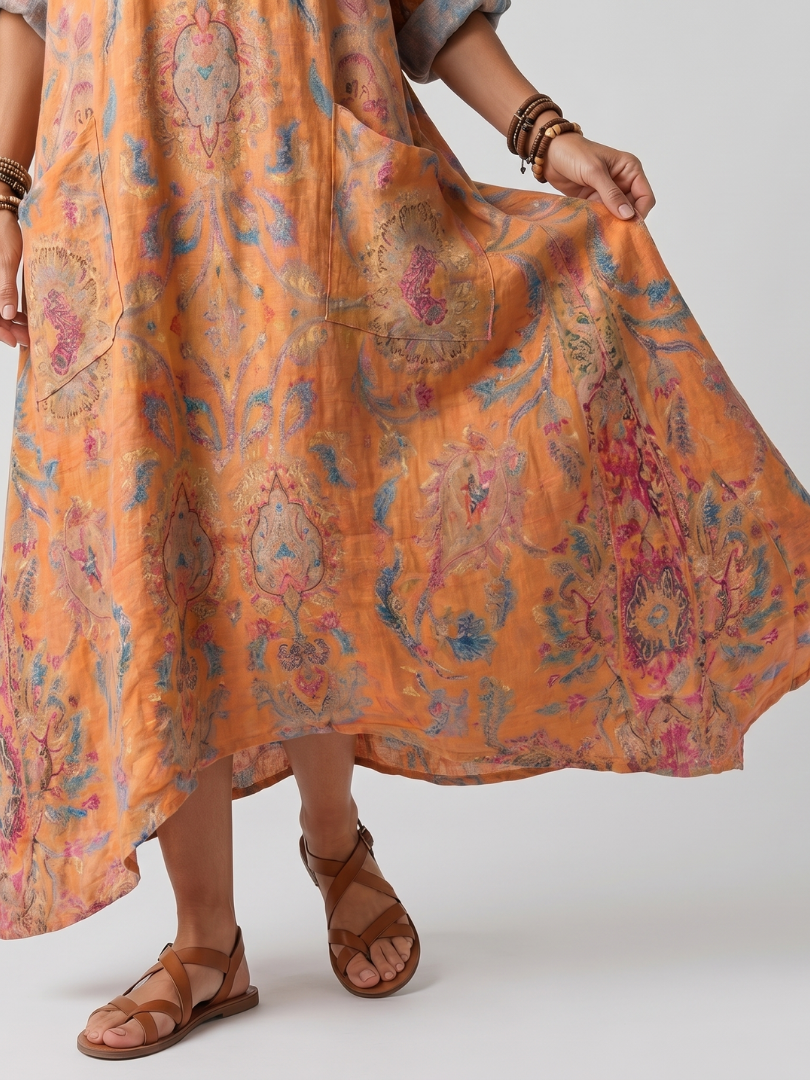 Zara | Notch Neck Printed Oversized Pocket Midi Dress