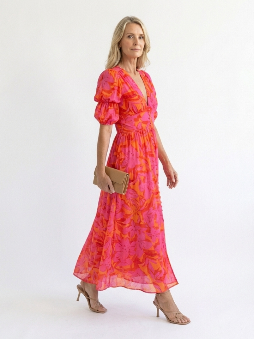 Hayes & Tate™  | Floral V Neck Puff Sleeve Midi Dress